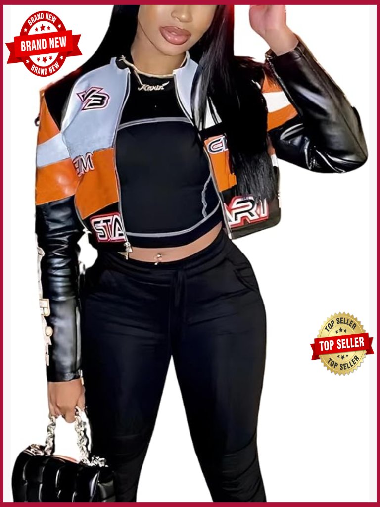 Faux Leather Moto Biker Jacket Cropped Zip Up Vintage
